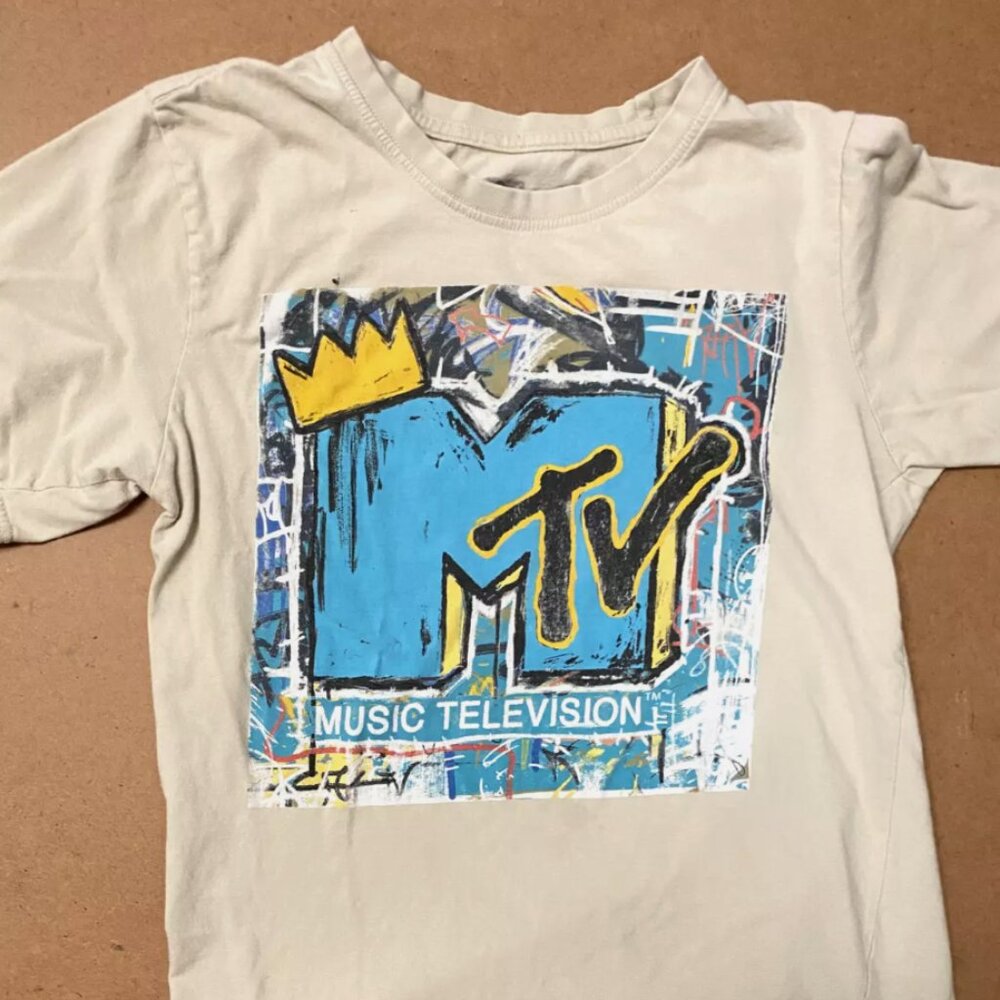 MTV Graphic Print Tee Shirt Mens Small Beige Cotton